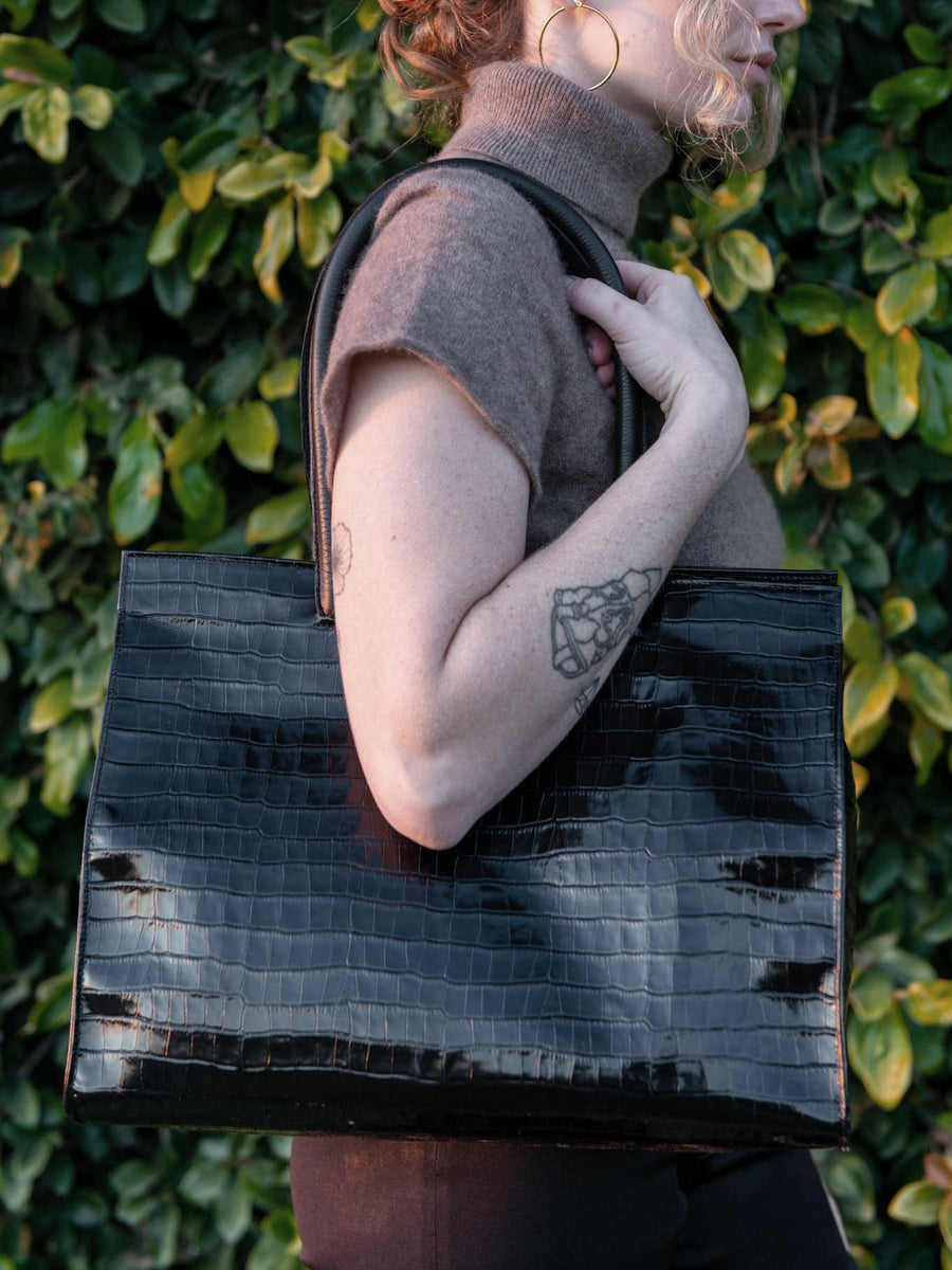 MERCI TOTE — BLACK CROC-EMBOSSED LEATHER -FINAL SALE