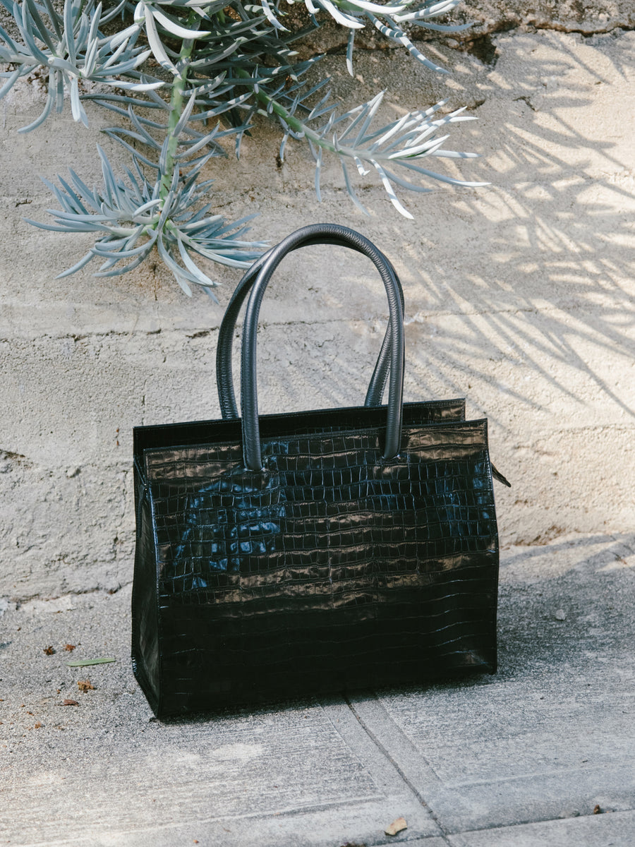MERCI TOTE — BLACK CROC-EMBOSSED LEATHER -FINAL SALE