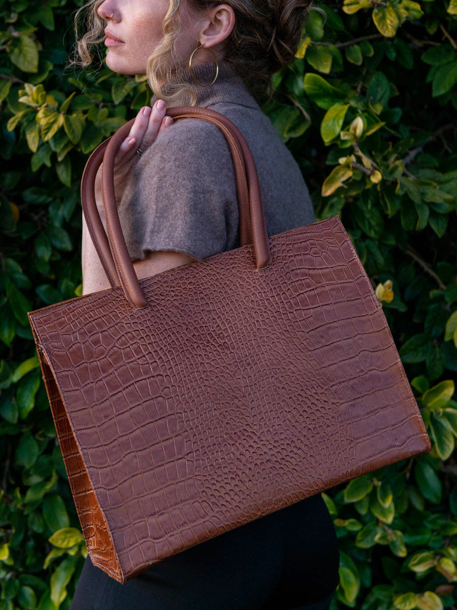 Marie Turnor Merci Tote - Tabac Embossed Croc-Print - Brown