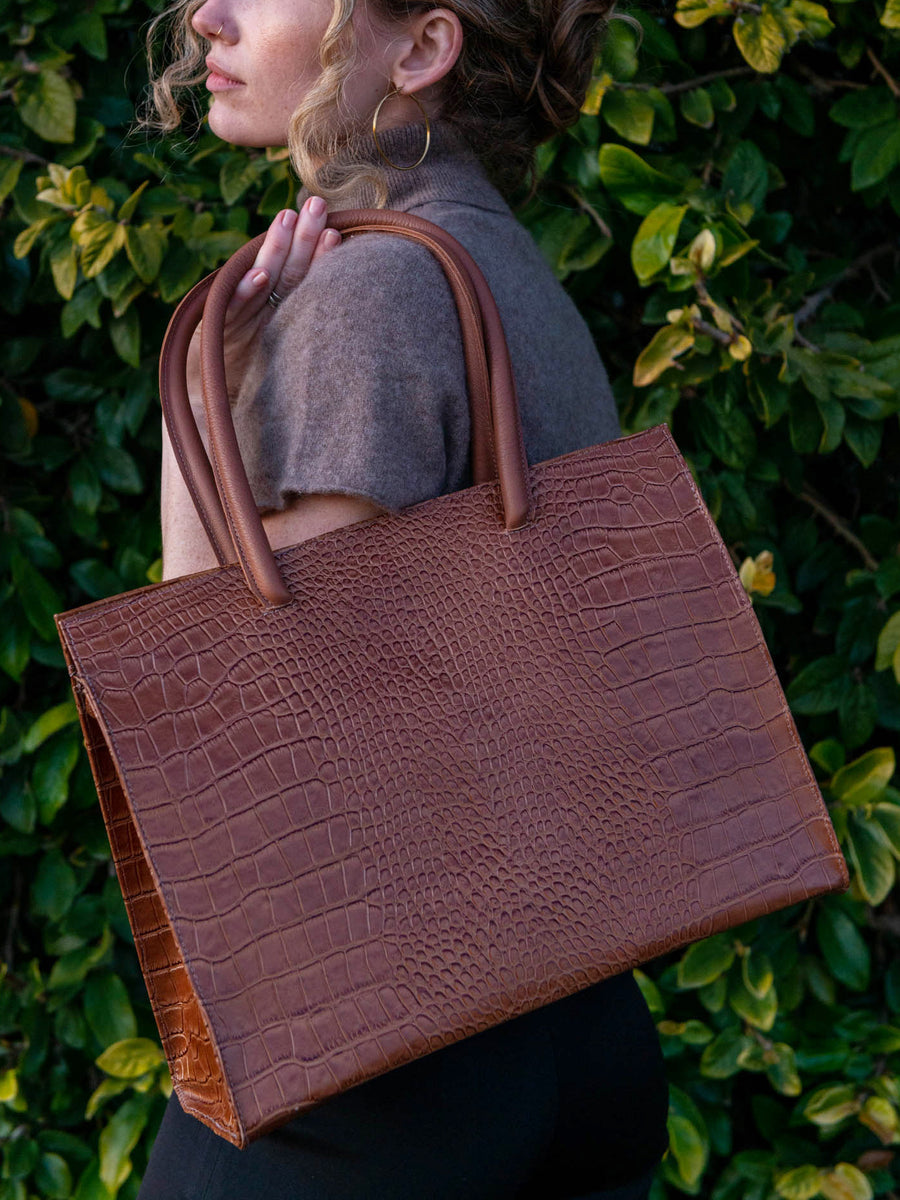 MERCI TOTE — TABAC CROC-EMBOSSED LEATHER