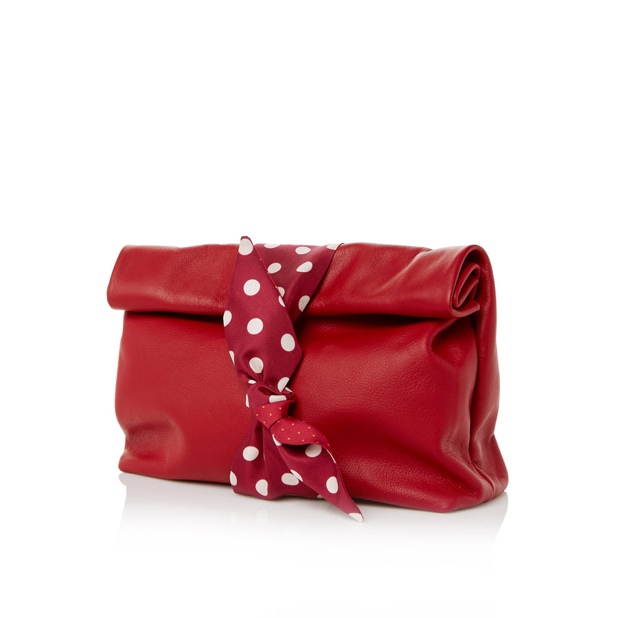 Red Leather Rolltop Clutch Handbag