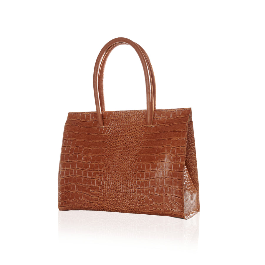 Marie Turnor Merci Tote - Tabac Embossed Croc-Print - Brown